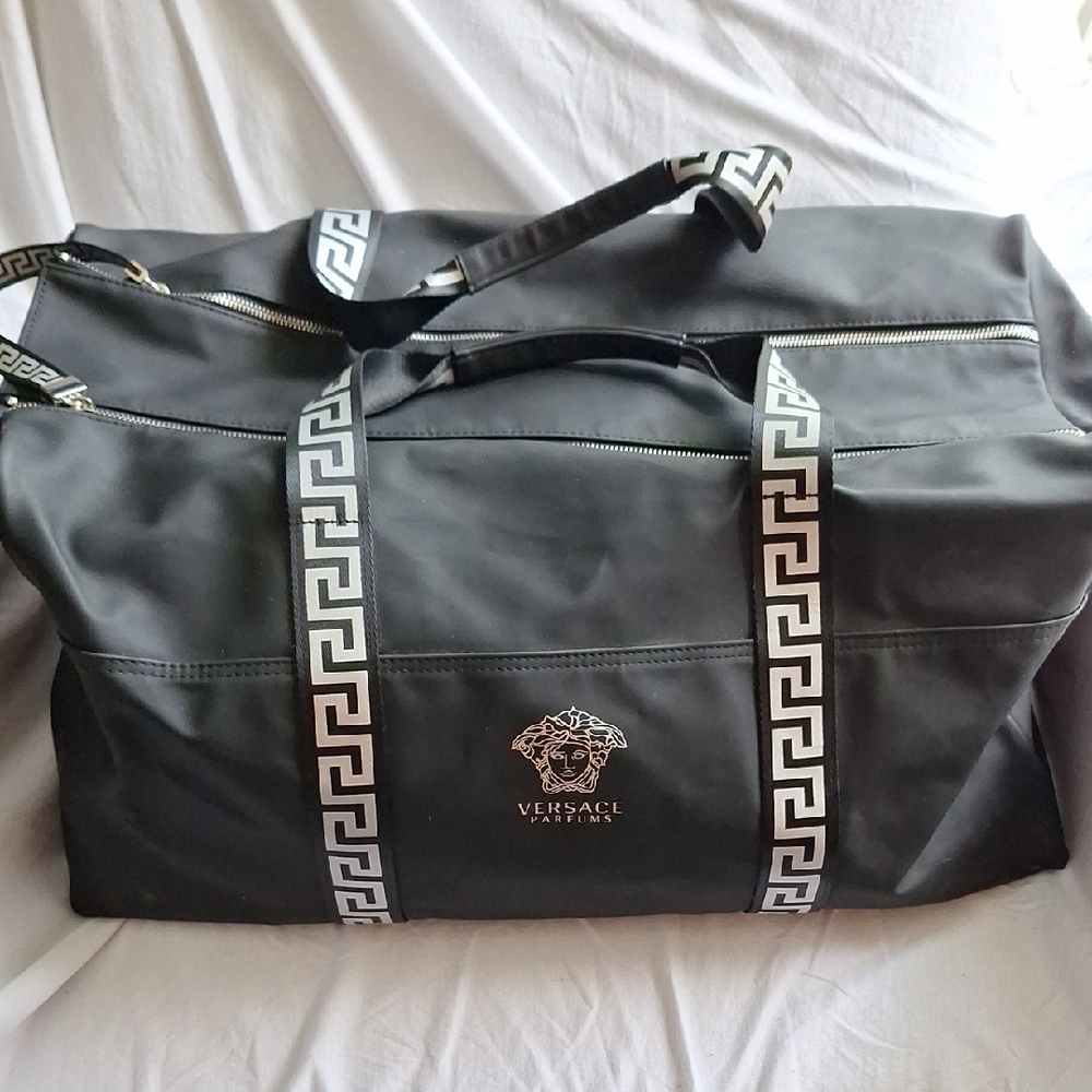 Versace Black Duffel Bag with Greek Key Trim